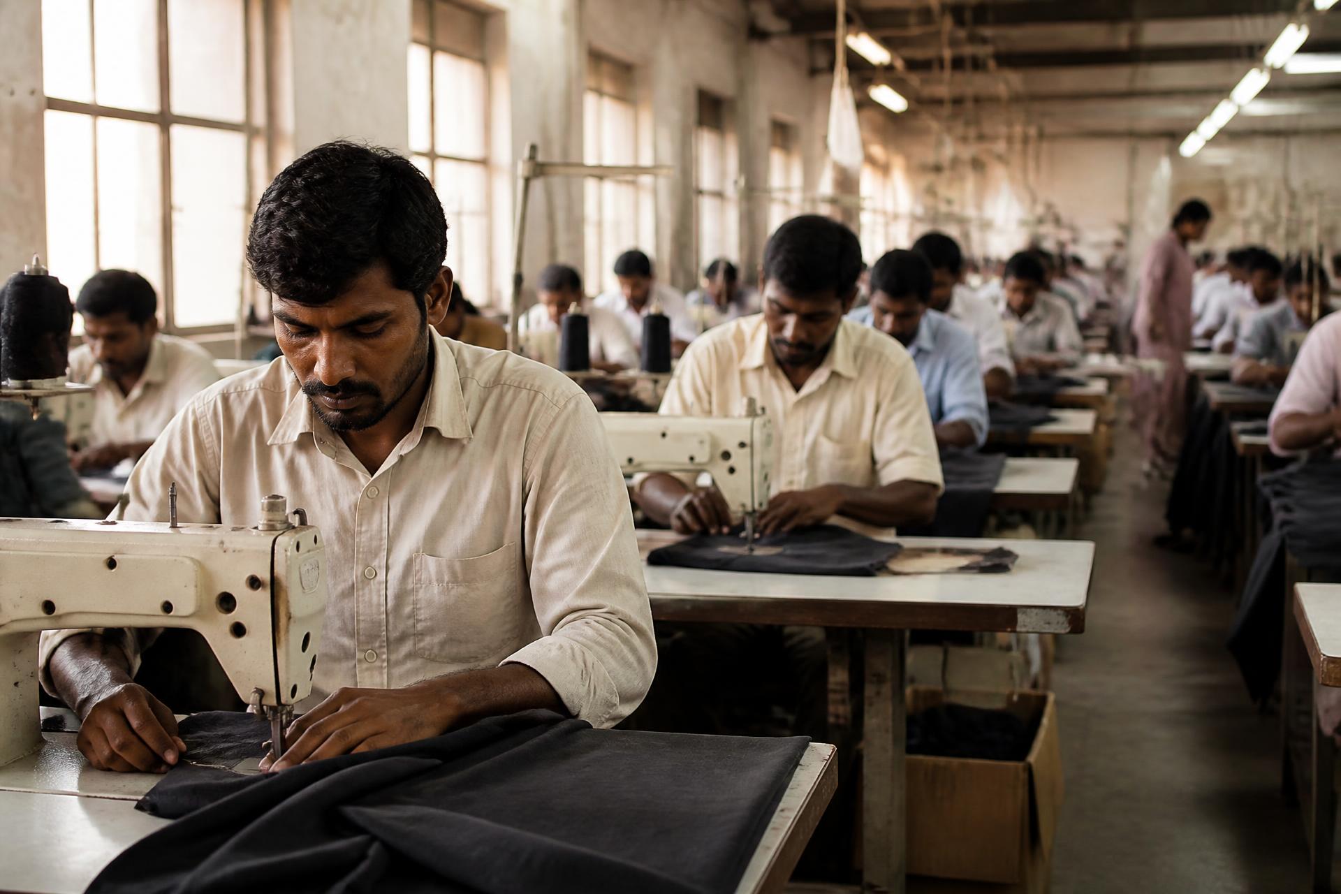 Operators sewing woven garments on the production floor of Sreevari Apparels in Coimbatore, India