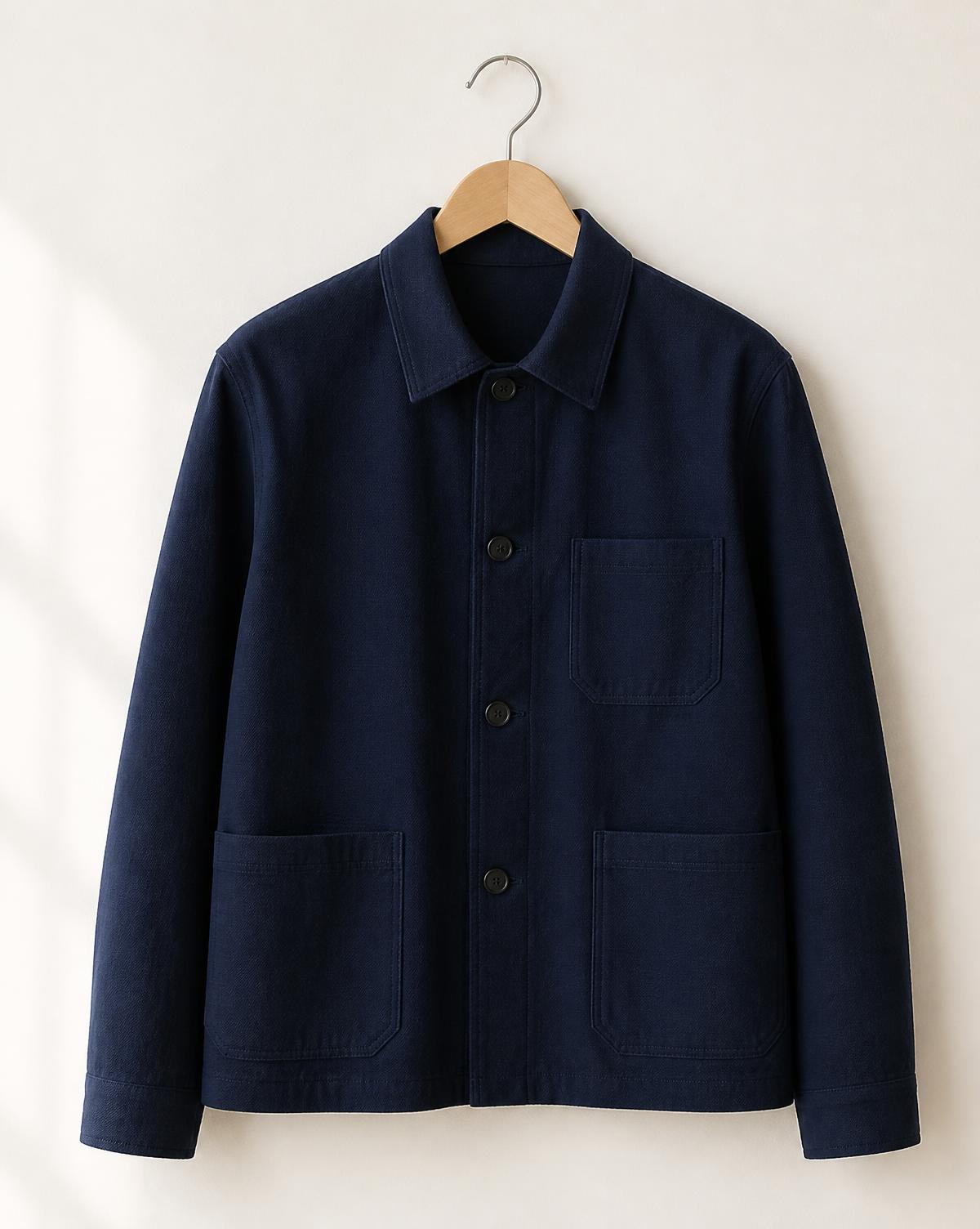 Navy woven cotton jacket on a hanger