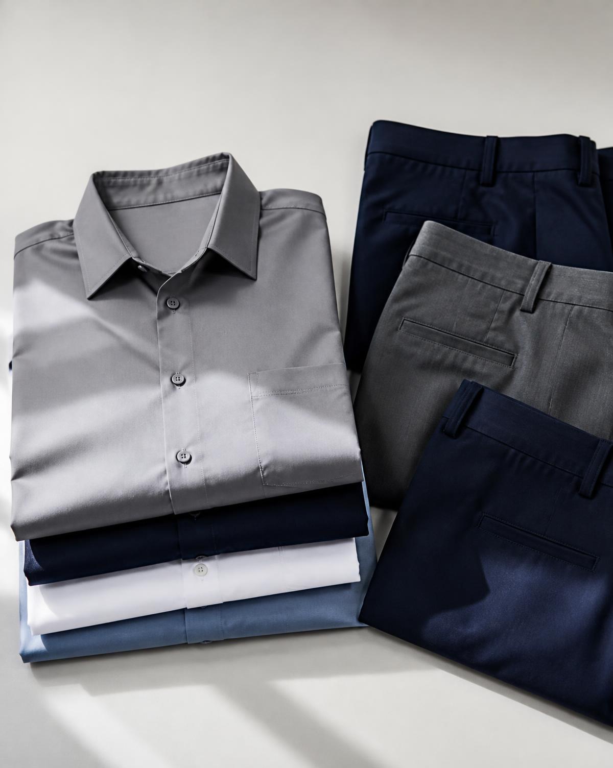 Folded corporate uniform shirts and trousers in grey and navy