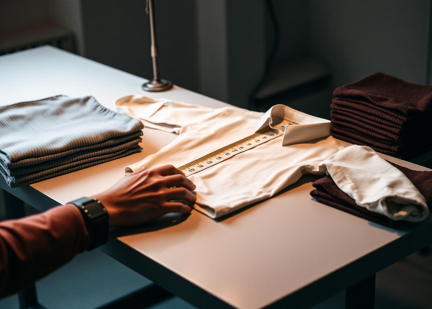 Measurement and workmanship check of a finished woven shirt during quality inspection